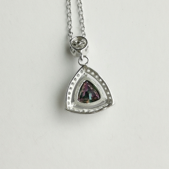 Mystic Topaz CZ Halo Pendant Necklace Sterling Silver - Picture 2 of 7